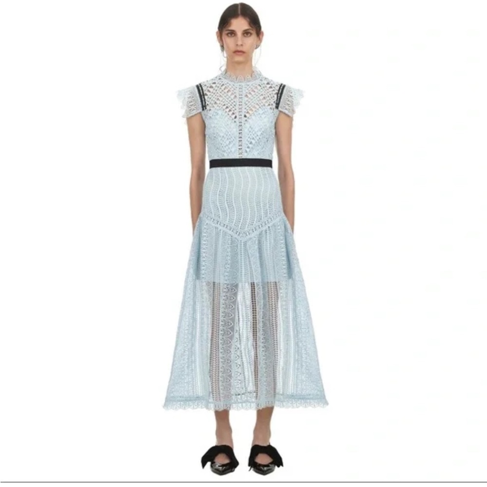 Self portrait blue abstract triangle lace midi dress size US 0